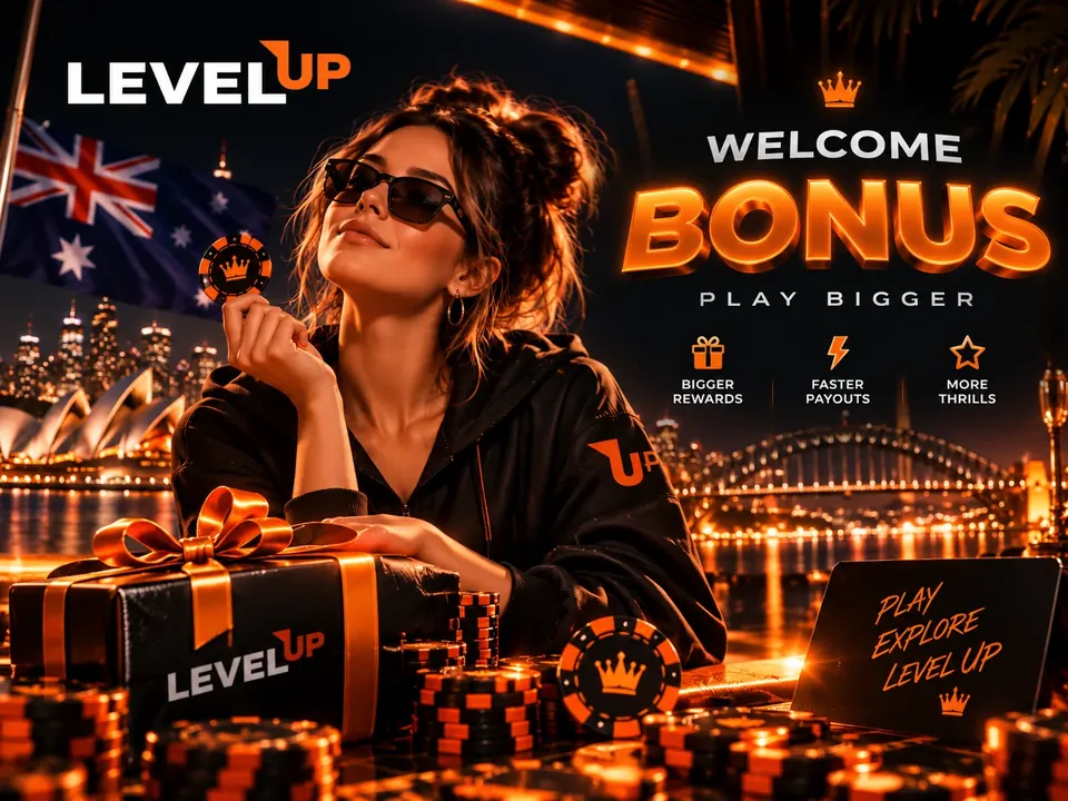 Level Up welcome bonus artwork overlooking Sydney Harbour